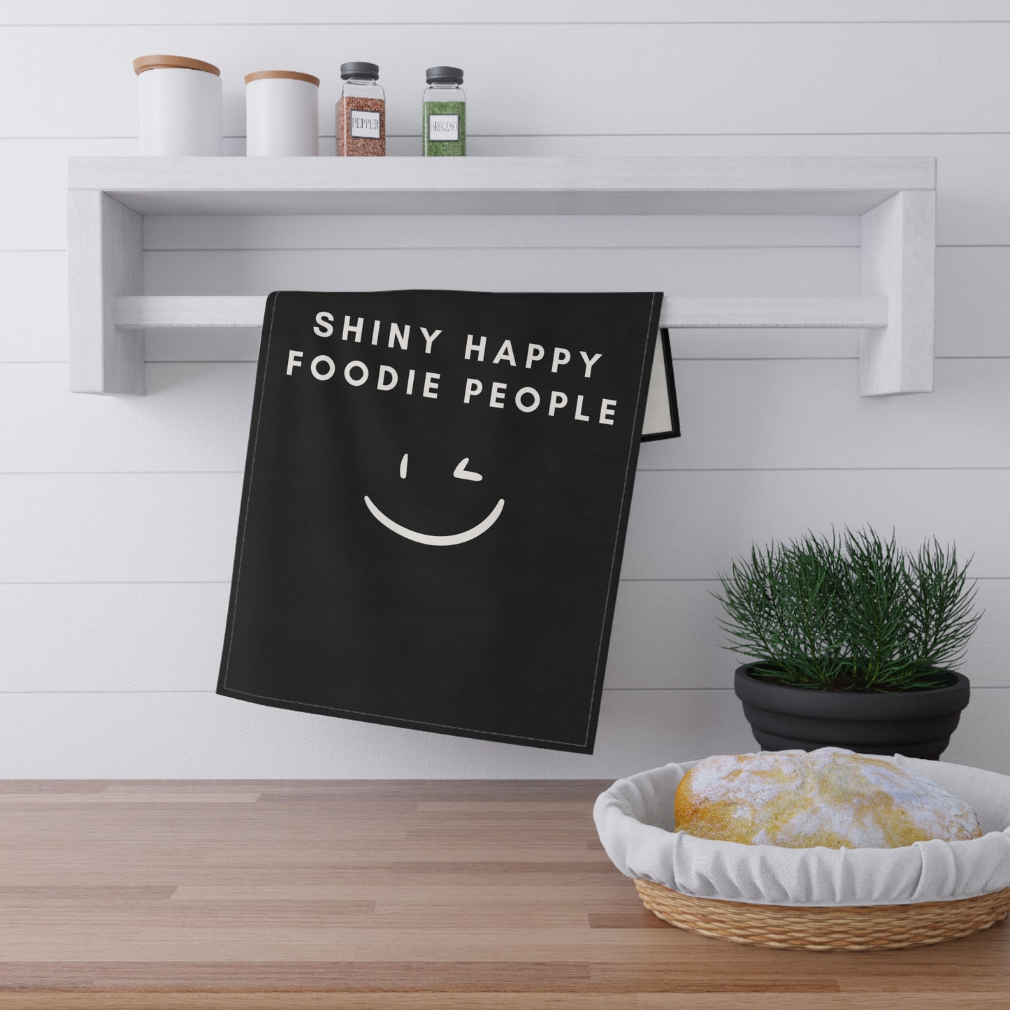 Shiny Happy Foodie People Tea Towel - Black